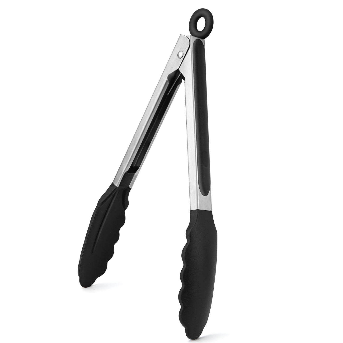 WISYOK 30cm Küchenzangen, Grillzange Hitzebeständige, Zange Küche, Kochzange mit Edelstahl und Silikonspitze, Silikonzangen, Tongs Kitchen, Fleischzange, Nudelzange zum Kochen, Grillen (Schwarz)