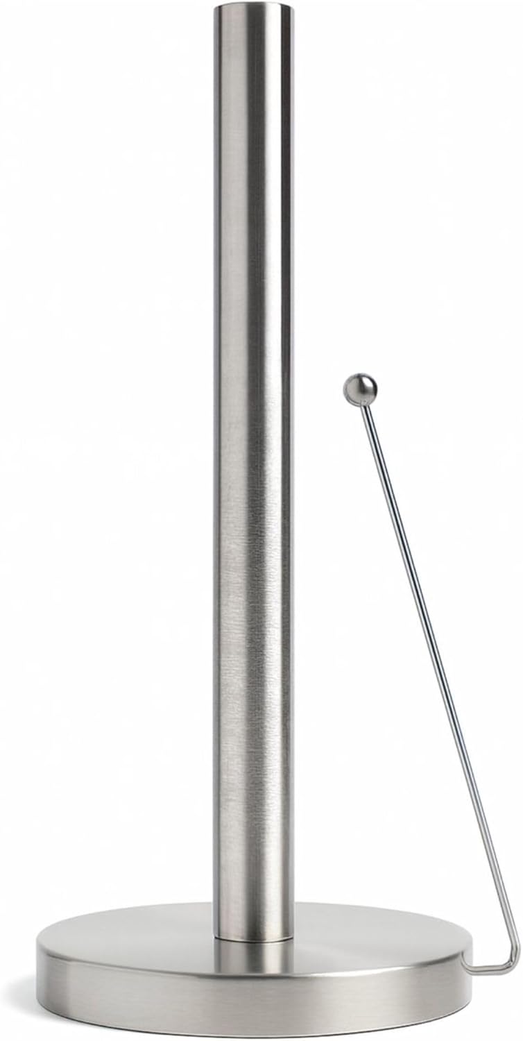 Minismus Küchenrollenhalter Stehend - Papierrollenhalter mit Anti-Roll Arm - Stabiler Küchenrollenständer ohne Bohren - Küchenpapierhalter Modern für Standardrollen (Silber)