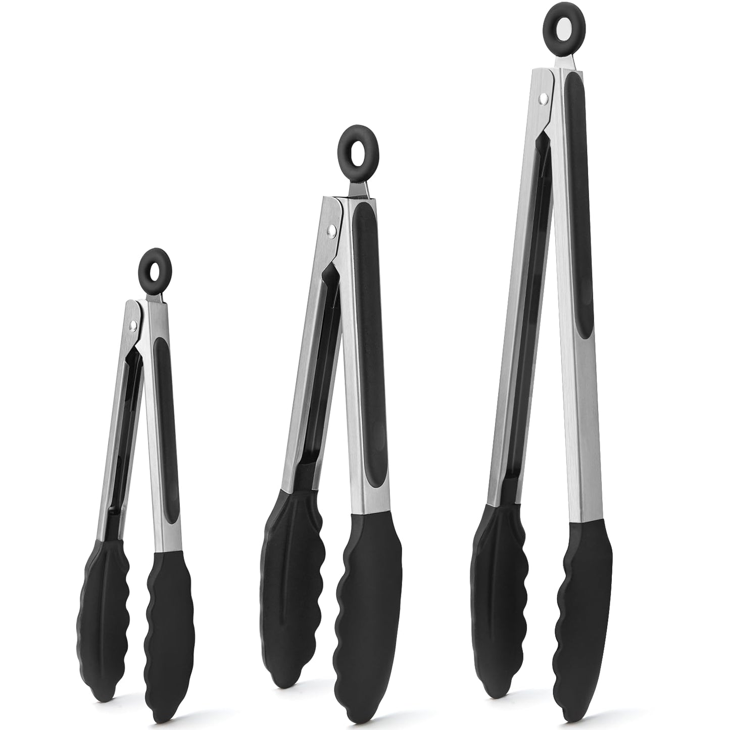 WISYOK 30cm Küchenzangen, Grillzange Hitzebeständige, Zange Küche, Kochzange mit Edelstahl und Silikonspitze, Silikonzangen, Tongs Kitchen, Fleischzange, Nudelzange zum Kochen, Grillen (Schwarz)