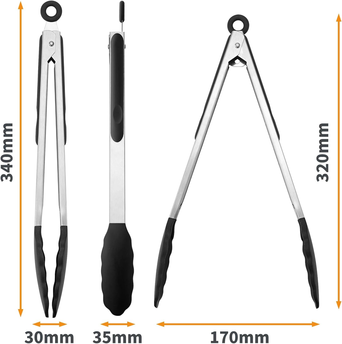 WISYOK 30cm Küchenzangen, Grillzange Hitzebeständige, Zange Küche, Kochzange mit Edelstahl und Silikonspitze, Silikonzangen, Tongs Kitchen, Fleischzange, Nudelzange zum Kochen, Grillen (Schwarz)