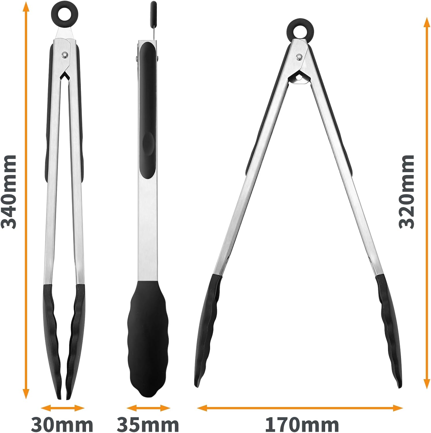 WISYOK 30cm Küchenzangen, Grillzange Hitzebeständige, Zange Küche, Kochzange mit Edelstahl und Silikonspitze, Silikonzangen, Tongs Kitchen, Fleischzange, Nudelzange zum Kochen, Grillen (Schwarz)