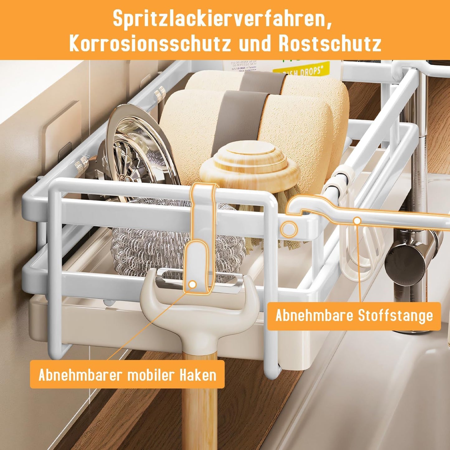 Spülbecken Organizer Küchen Organizer mit Spültuchhalter- Hängend, Kohlenstoffstahl für Spüle, Spülmittel & Küchenutensilien - Spülablage & Küchenablage ohne Bohren, Sink Organizer, Weiß