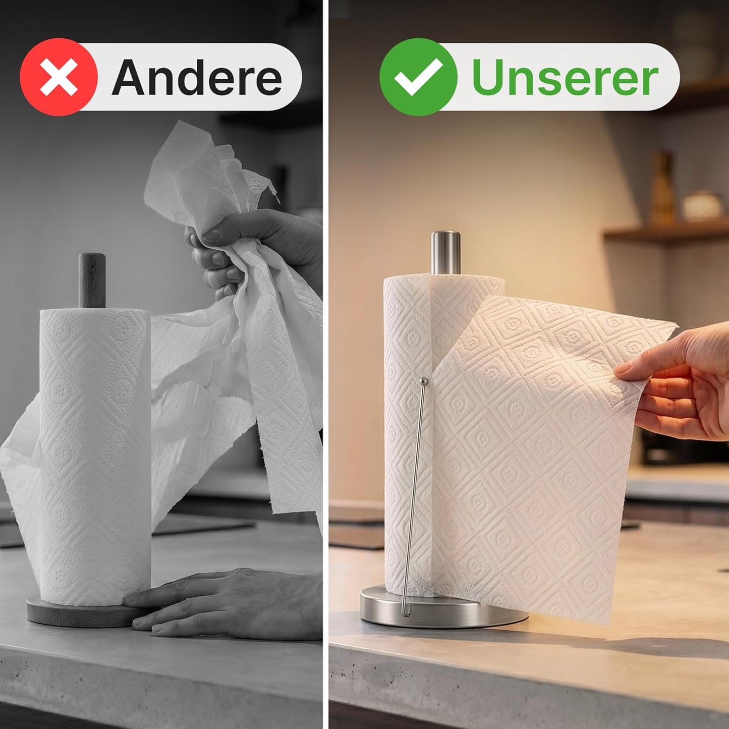 Minismus Küchenrollenhalter Stehend - Papierrollenhalter mit Anti-Roll Arm - Stabiler Küchenrollenständer ohne Bohren - Küchenpapierhalter Modern für Standardrollen (Silber)