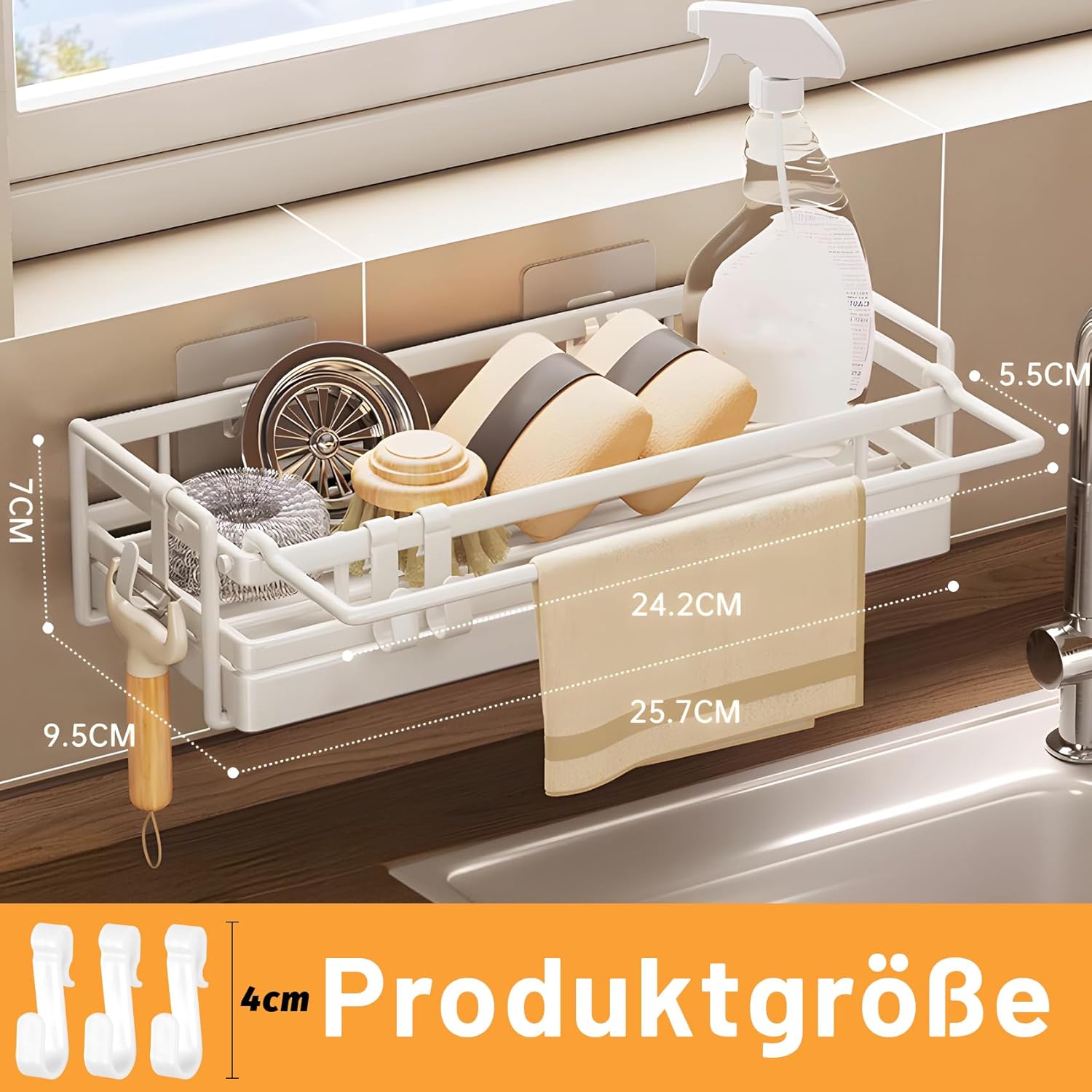 Spülbecken Organizer Küchen Organizer mit Spültuchhalter- Hängend, Kohlenstoffstahl für Spüle, Spülmittel & Küchenutensilien - Spülablage & Küchenablage ohne Bohren, Sink Organizer, Weiß