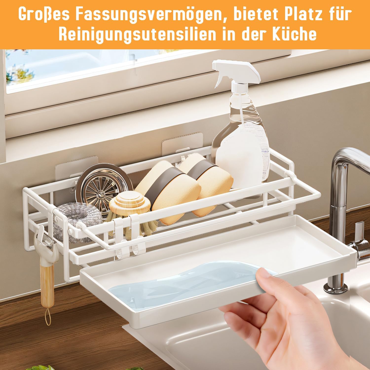 Spülbecken Organizer Küchen Organizer mit Spültuchhalter- Hängend, Kohlenstoffstahl für Spüle, Spülmittel & Küchenutensilien - Spülablage & Küchenablage ohne Bohren, Sink Organizer, Weiß