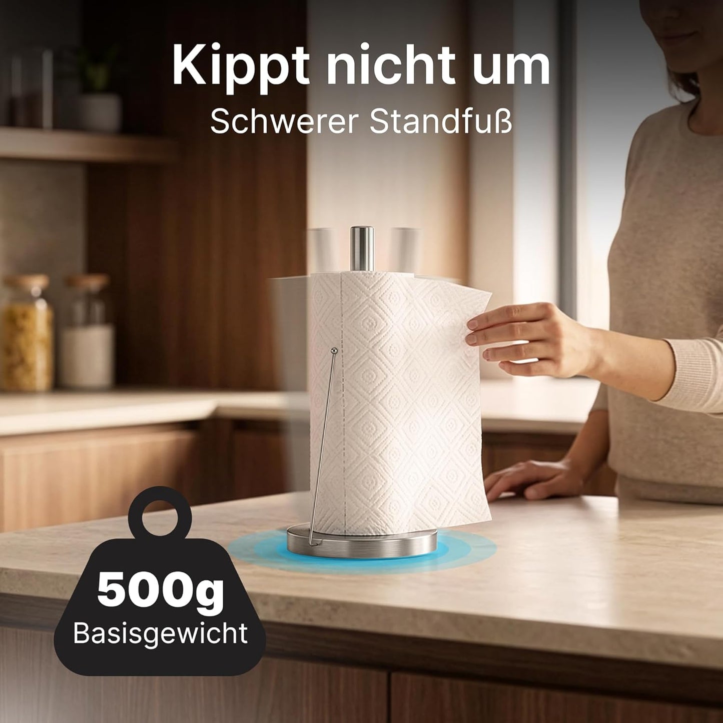 Minismus Küchenrollenhalter Stehend - Papierrollenhalter mit Anti-Roll Arm - Stabiler Küchenrollenständer ohne Bohren - Küchenpapierhalter Modern für Standardrollen (Silber)