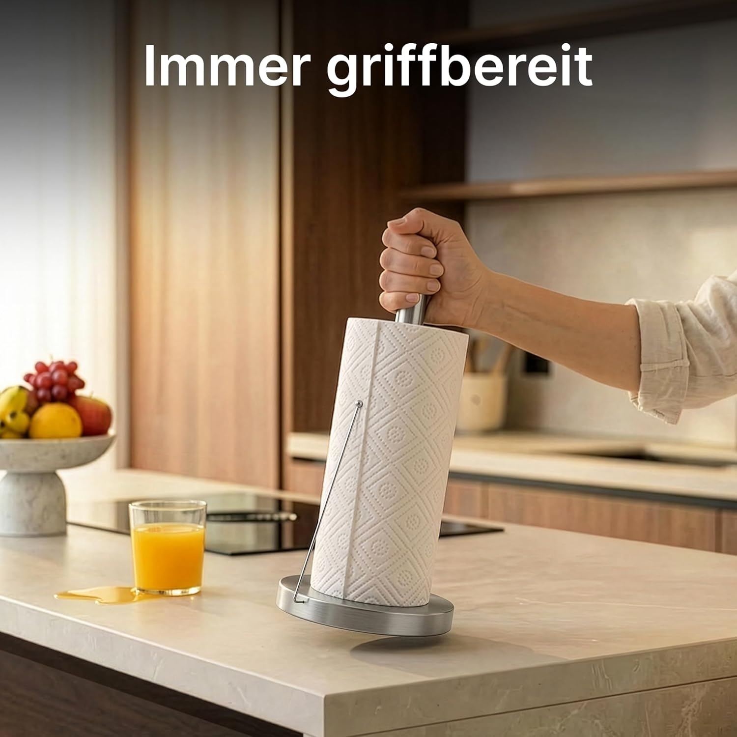 Minismus Küchenrollenhalter Stehend - Papierrollenhalter mit Anti-Roll Arm - Stabiler Küchenrollenständer ohne Bohren - Küchenpapierhalter Modern für Standardrollen (Silber)