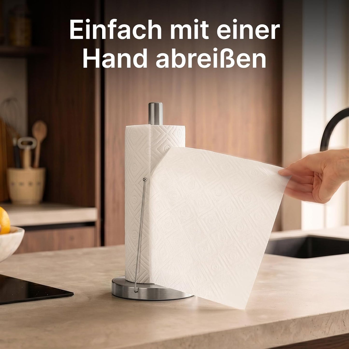 Minismus Küchenrollenhalter Stehend - Papierrollenhalter mit Anti-Roll Arm - Stabiler Küchenrollenständer ohne Bohren - Küchenpapierhalter Modern für Standardrollen (Silber)