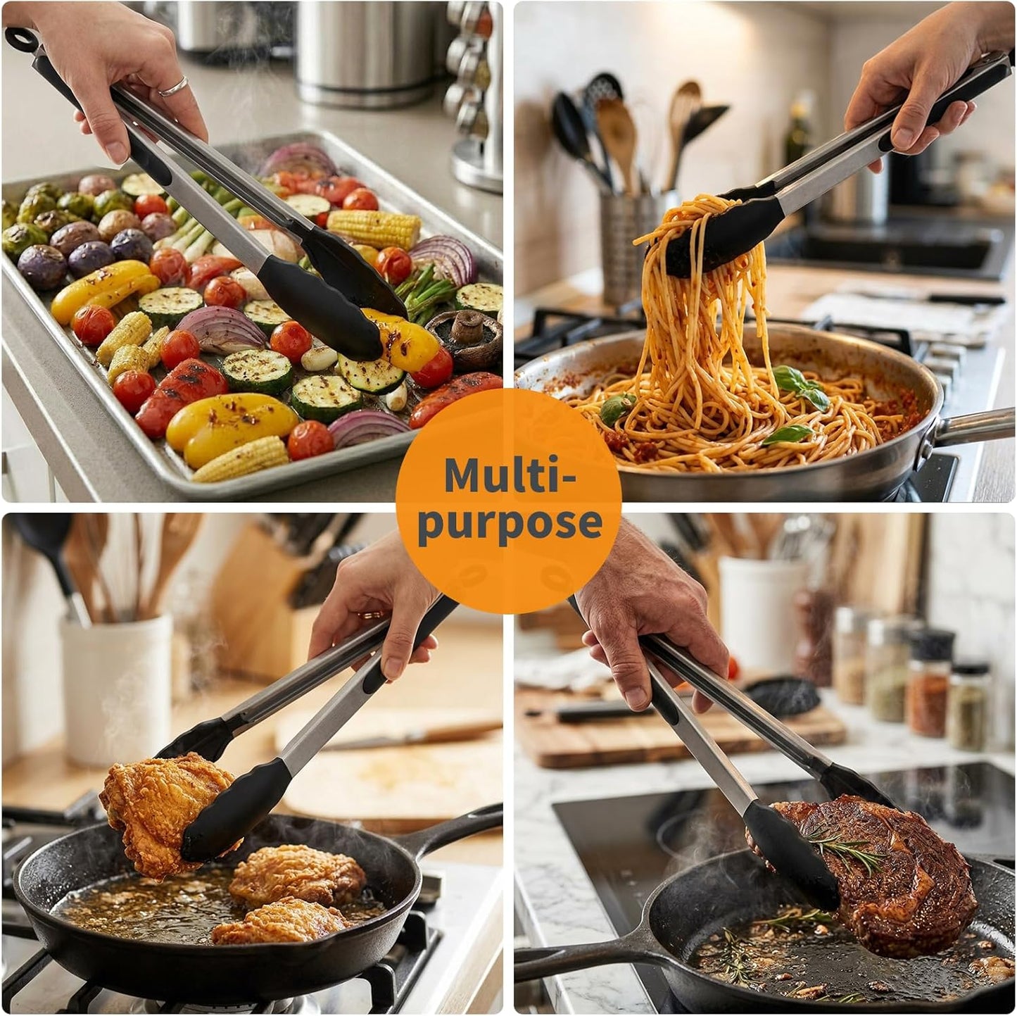 WISYOK 30cm Küchenzangen, Grillzange Hitzebeständige, Zange Küche, Kochzange mit Edelstahl und Silikonspitze, Silikonzangen, Tongs Kitchen, Fleischzange, Nudelzange zum Kochen, Grillen (Schwarz)