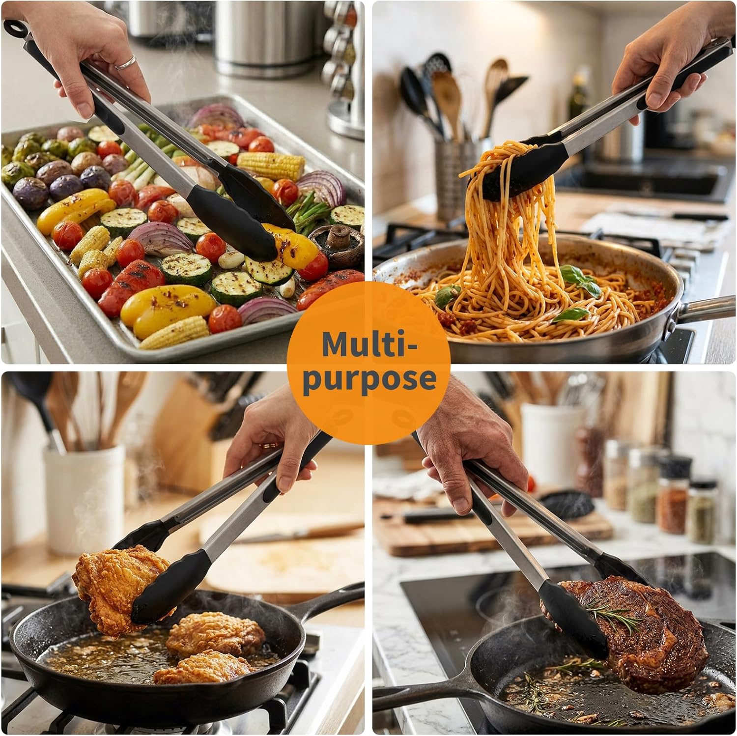 WISYOK 30cm Küchenzangen, Grillzange Hitzebeständige, Zange Küche, Kochzange mit Edelstahl und Silikonspitze, Silikonzangen, Tongs Kitchen, Fleischzange, Nudelzange zum Kochen, Grillen (Schwarz)